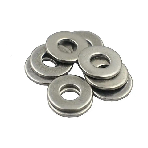 Two Hundred Pcs SAE Flat Washers In 304 Stainless Steel For Fasteners Outer Diameter Seven Sixteenth Inch Inner Diameter 0.193 Inches Thick 0.044 Inches Heavy Duty Beefy Pro Grade Rust Resistant Assortment Kit, front view of stacked washers
