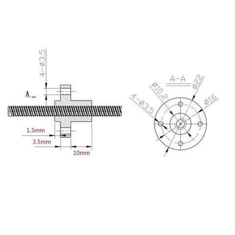 Technical drawing of 4 Pack T8 Brass Nut For 8mm Lead Screw With 2mm Pitch, showing dimensions and design for 3D printer Z axis