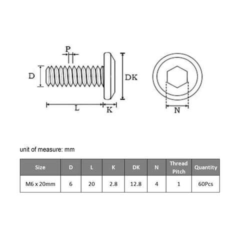 Technical diagram of M6 Flat Head Hex Socket Cap Screws 1 X 20mm, 60 Pieces Stainless Steel 304 With Black Zinc Plating, dimensions shown