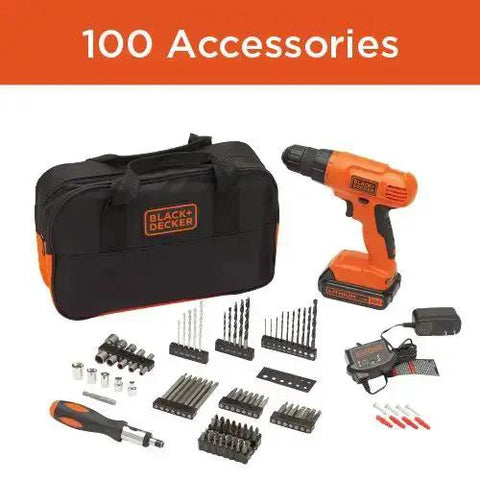 20V Cordless Drill Driver Kit With 100 Piece Bit And Socket Set 24 Position Clutch Soft Grip Handle Battery And Charger Included