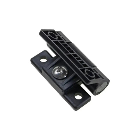 Angled view of plastic adjustable-damping hinge with torque; small black mounting bracket and screw