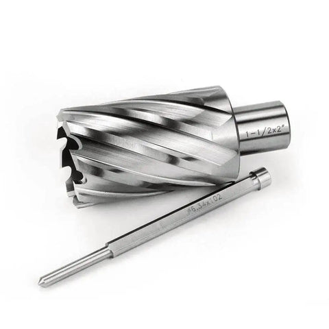 1-1/2 Inch Annular Cutter For Magnetic Drill Press With 2 Inch Cutting Depth And Three Quarter Inch Weldon Shank Two Flats Pilot Pin Pro Grade Heavy Duty Hole Boring Bit For Fast Metal Holes By OSCARBIDE, showing side view with pilot pin