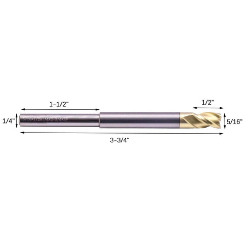 Side view of High Performance Two Piece Three Flute Thirty Seven Degree Helix Solid Carbide End Mills For Aluminum With Five Sixteenths Diameter And Quarter Inch Reduced Shank For Router ZRN Coated Half Inch Length Of Cut And Three And Three Quarters Inch Overall, showing measurements.