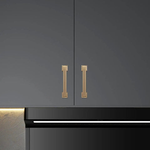 Gold kitchen cabinet with 10 Pack 5 Inch 128mm Champagne Bronze Cabinet Handles Gold Kitchen Cabinet Pulls Solid Zinc Alloy Durable Drawer Pulls installed.