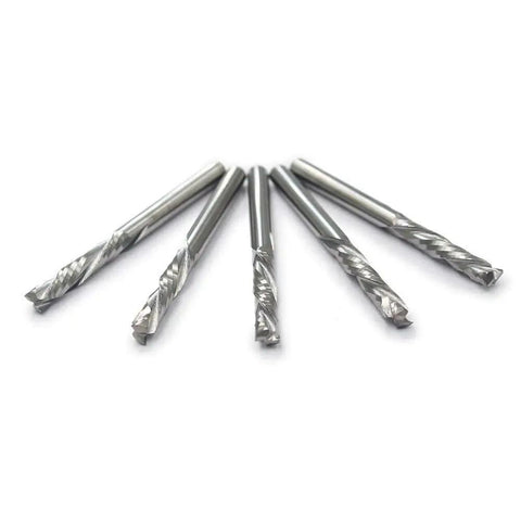 Pro Grade One Eighth Inch Shank Carbide End Mills Three Point One Seven Five By Seventeen Millimeter Up And Down Cut Square Nose CNC Spiral Router Bits Two Flute For Wood Five Piece Precision Set ALTIN Coated For Longer Tool Life And Smoother Cuts