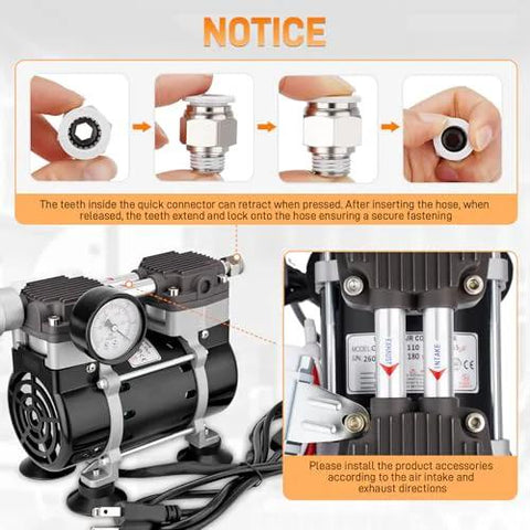 50L/min oil-free lab vacuum pump (black, silver) with switch, pressure gauge, silencer, quick connector, hose and rubber feet.