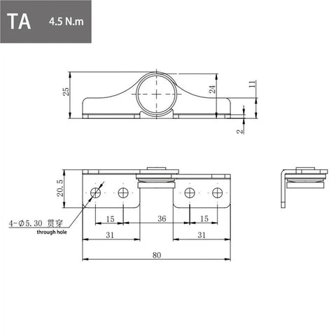 304 stainless steel damping hinge TB-Left with 0.7 N·m torque and positioning support; front and side views