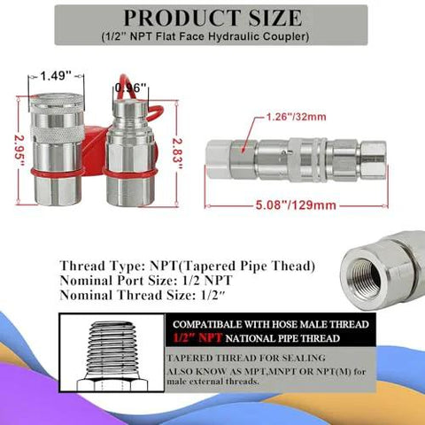 Elifencenter 2-pc flat-face hydraulic quick-connect couplers, 1/2 in NPT, ISO 16028, Bobcat skid steer compatible