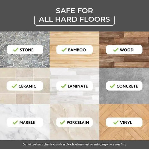 RinseClean Spin Mop And Bucket System For Clean Water Mopping chart showing compatibility with stone, bamboo, wood, ceramic, laminate, concrete, marble, porcelain, and vinyl floors.