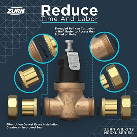 Front view of Zurn Wilkins 34-NR3XLDU 3/4 in NR3XL pressure reducing valve with double union FNPT connections, brass body.