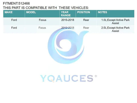 Compatibility chart for Rear Wheel Bearing And Hub Assembly For Ford Focus 2012-2018 5 Lug With ABS Without Active Park Assist