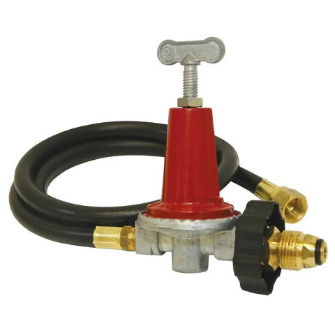 0-40 Psi Adjustable LPG Regulator with 48 Inch Thermoplastic Hose and Soft Nosed POL Three Eighths Inch Flare Swivel Fitting for Cookers
