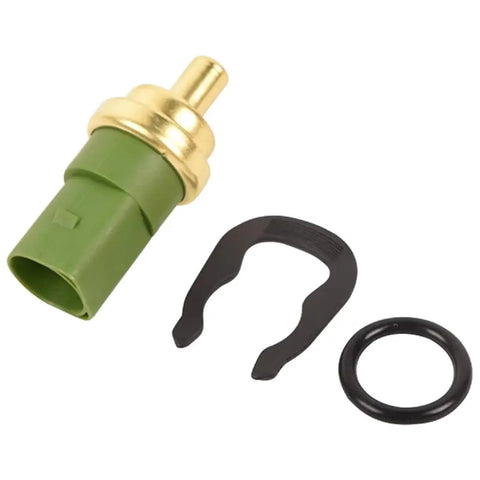 SCHUSSPART TS477 coolant temperature sensor with green housing, brass tip, plus black clip and O-ring