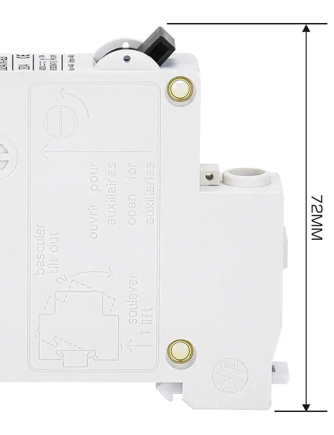 Side view of Two Pack AC DC Miniature Circuit Breakers 30 Amp Single Pole With Beefed Up Thermal Magnetic Trip with dimensions.