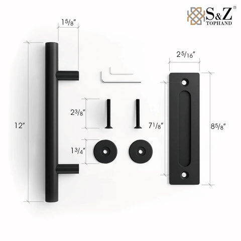 Heavy Duty 12 Inch Sliding Barn Door Handle Set In Black With Powder Coat, Round Pull For 1.38 To 1.75 Inch Doors, Set Of 2