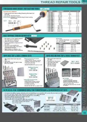 M5 X 0.8 Helical STI Thread Repair Kit, 31 Piece Set With 25 Stainless Steel Inserts, Tap, Drill, Driver And Tang displayed in a catalog.