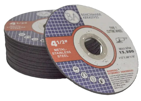 Stacked Four And A Half Inch Aluminum Oxide Thin Type One Cutting Wheel For Metal And Stainless Steel Seven Eighths Inch Arbor