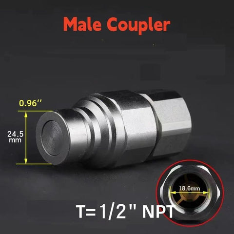 Metallic silver male 1/2 in NPT hydraulic quick-connect coupler for skid-steer equipment, ISO 16028 with dust caps.