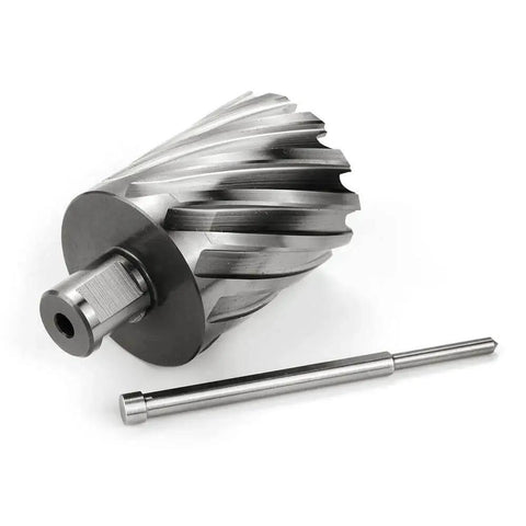 Two Inch Cutting Diameter Annular Cutter For Magnetic Drill Press With Three Quarter Inch Weldon Shank And Two Flat Pilot Pin Two Inch Depth Of Cut Thin Walled Bit For Fast Hole Drilling Oscarbide showing cutter and pilot pin