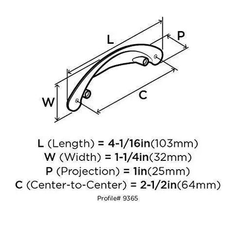 Diagram of Antique Rust Cabinet Cup Pull 2-1/2 Inch Center to Center 64 Mm showing dimensions and mounting holes.