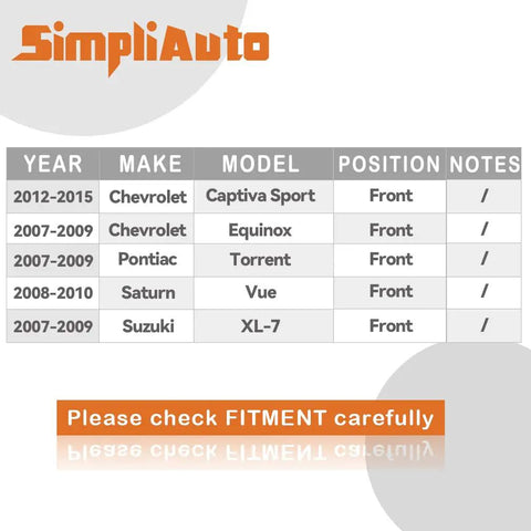 Fitment chart for Front Wheel Hub Bearing Assembly Pair 513276 Fits Chevy Captiva Sport 2012-2015 Equinox 2007-2009 models.