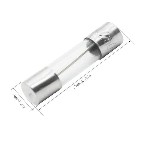 Close-up of a glass quick blow fuse 20mm x 5mm from the Inline Fuse Holder Kit With Ten 18 AWG Screw Type Fuse Holders And One Hundred Fifty Quick Blow 250V Fuses In Multiple Ratings From 0.1A To 15A For Auto And Electronics DIY Projects