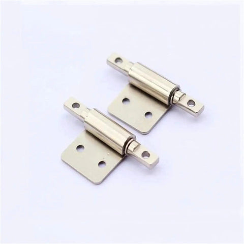 Top view of two carbon steel torque hinges with rectangular mounting plates and two screw holes, silver finish