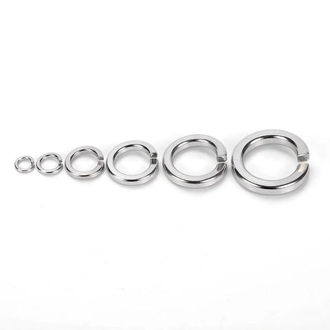 Set of stainless steel split lock washers in graduated sizes; 6 pieces shown.