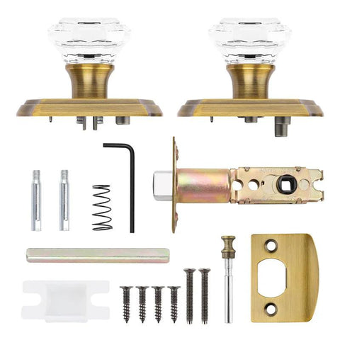 Octagonal Crystal Door Knobs Set Five Pack With Privacy Lock For Bedroom And Bathroom, Antique Bronze Rosette Finish
