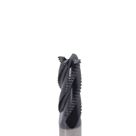 Roughing End Mill HSS Square Nose 4 Flute With Titanium Coating for metal milling, 1/2 inch shank, close-up view.