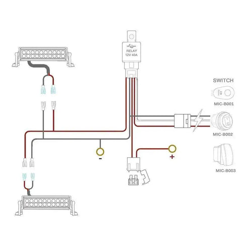 Diagram of LED Light Bar Wiring Harness with Waterproof On Off Toggle Switch, 40A Relay, showing connections for 7 to 40 inch bars.