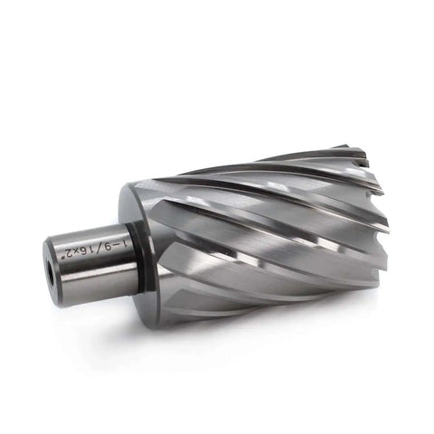 Beefy Annular Cutter For Magnetic Drill Press One Nine Sixteenth Inch Cutting Diameter And Two Inch Depth With Three Quarters Inch Weldon Shank Two Flat Pilot Pin Included Delivers Holes Ten Times Faster