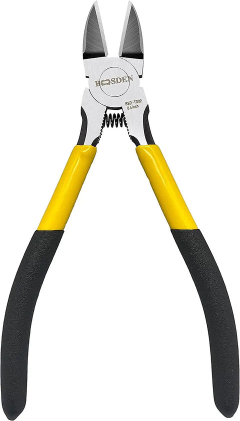Ultra Sharp 6.5 Inch Wire Cutter For Jewelry Making And Crafting, Spring Loaded Flush Cut Pliers For Cutting Up To 12 AWG, Dikes Snips For Floral Wire And Craft Projects viewed from front with yellow and black ergonomic handles.