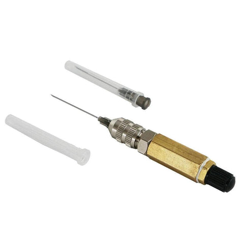 Angled view of NICECNC nitrogen needle kit with brass body, replacement needle head, and caps for UTV shocks