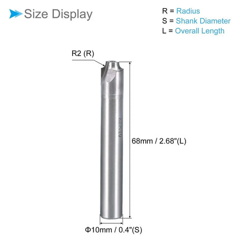 Corner Rounding End Mill Cutter With 2 Flutes, 2mm Radius R2, 10mm Shank, HSS-AL Pro Grade dimensions display