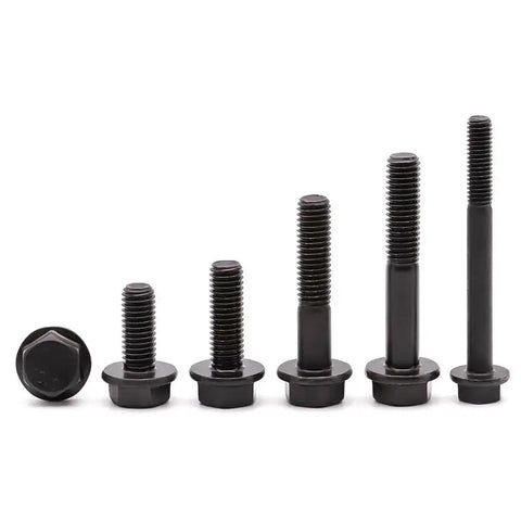 Assorted Flanged M8 Hex Bolts in black oxide finish, showcasing 1.25 x 80mm, partial thread, 10.9 grade alloy steel variety