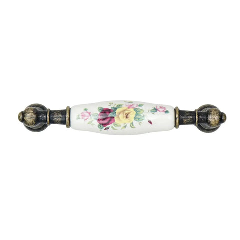 Six Pack Floral Ceramic Cabinet Pulls With Screws, 3.78 Inch Center To Center Hole Distance, flower design handle, antique finish