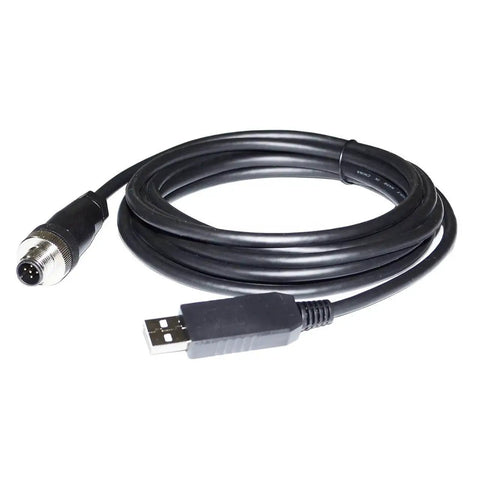 USB to 5-Pin Aviation RS232 Lead for Controllers, Single 1.8 m cord with threaded locking connector, coiled on white background