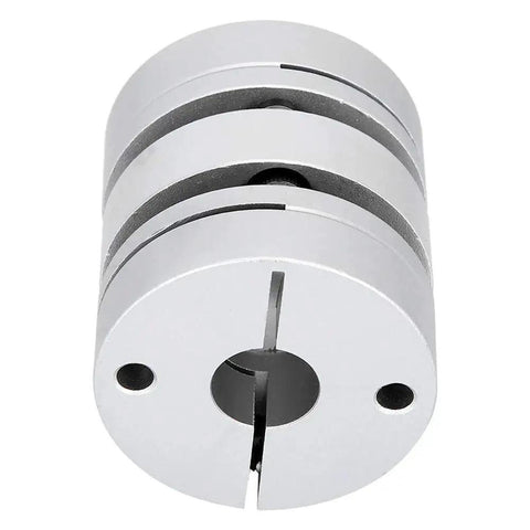 Front view of aluminum alloy shaft coupling adapter, GL-44 x 50-14 x 14, silver motor connector sleeve