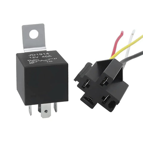 4 Pin SPST 12V 40A Car Relay Harness Kit with 12AWG color-coded wires and sockets, shown disconnected for a close-up view