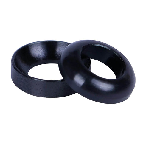 Close-up of Titanium M6 Washer Set Black TC4 Grade 5 Concave and Convex Washers, 12mm OD, 7mm ID, 3mm thick, 4 pack for M6 bolts.