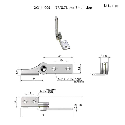 3D view of stainless steel L-shaped torque hinge with damping, 0.7 N·m, 1 pc