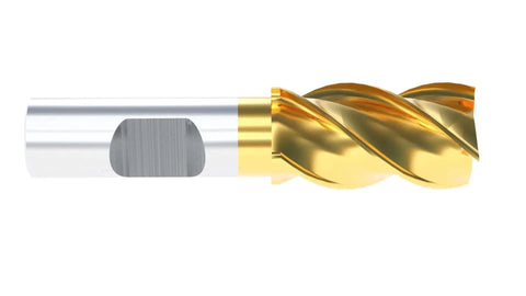 7/8 Inch End Mill With 3/4 Inch Shank 1-7/8 Inch Flute Length 4-1/8 Inch Overall Length HSS Finishing Tin Coated 4 Flute Center Cutting Right Hand Spiral End Mill 1400-3218 Accusize Industrial Tools, side view