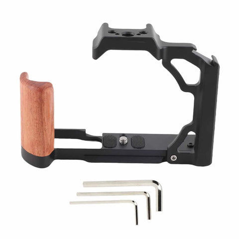 Wood Handle Metal Camera Cage for ZFC With Vertical Rig Design Cold Shoe Mount And Multiple One Quarter Inch And Three Eighths Inch Screw Holes For Attaching Top Handles Monitors And Tripods.