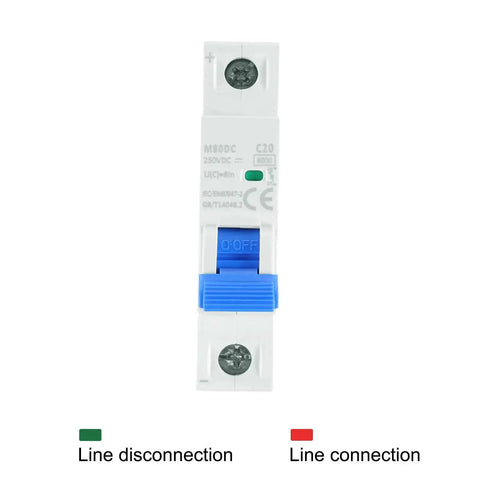Front view of 1 Pole Miniature Circuit Breaker 20A DC 250V DIN Rail Mount Disconnect Switch With Thermal Magnetic Trip, blue handle.