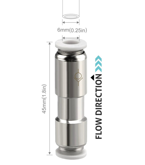 Clscea metal aquarium check valve, stainless steel body with white plastic end caps, 45mm tall, 6mm diameter