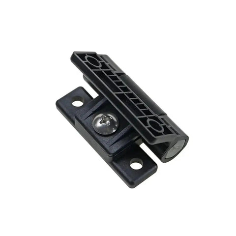 Black cabinet hinge, visible screws, possibly an adjustable torque design for smooth soft close mechanism in cupboards.