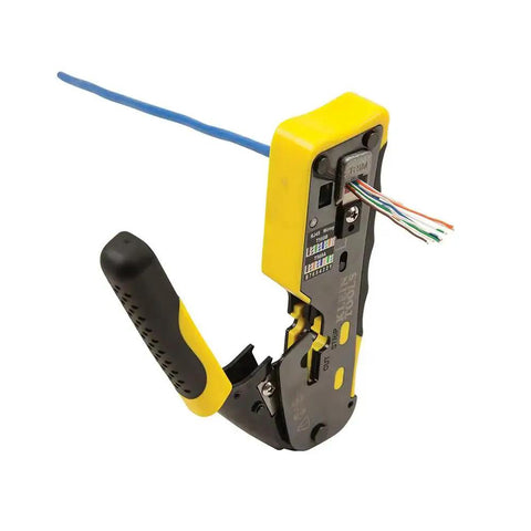 Crimping tool used for Modular Data Plug For CAT6A And Thicker CAT6 Cables, showing pass-thru install on blue cable
