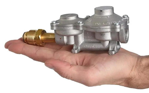 Two Stage Propane Regulator For RVs And Campers With POL Connection Ultra Compact Horizontal Design for 100Lb Tanks in hand