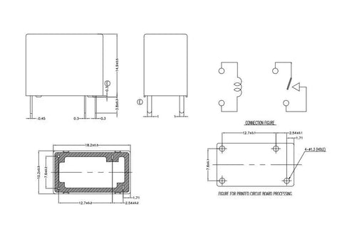Technical diagram of Set Of 2 10A 12V DC SPST 4 Pin Go To General Purpose Relay showing dimensions and circuit connections.